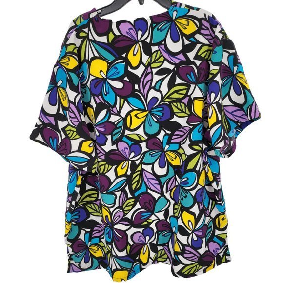 Vintage Scrub Top XL Bright Purple Floral Print Polyester‎ Pockets Silky V Neck - Picture 4 of 4
